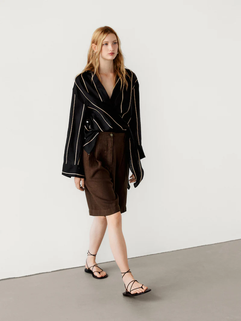 Льняные шорты-бермуды с двойной вытачкой Massimo Dutti, коричневый — фото 3