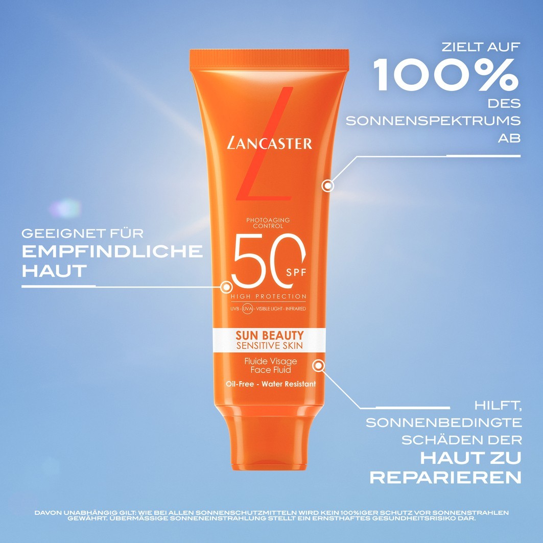 Солнцезащитный крем sun care clean sun sensitive milky fluid spf 50 Lancaster, объем 50 мл — фото 3