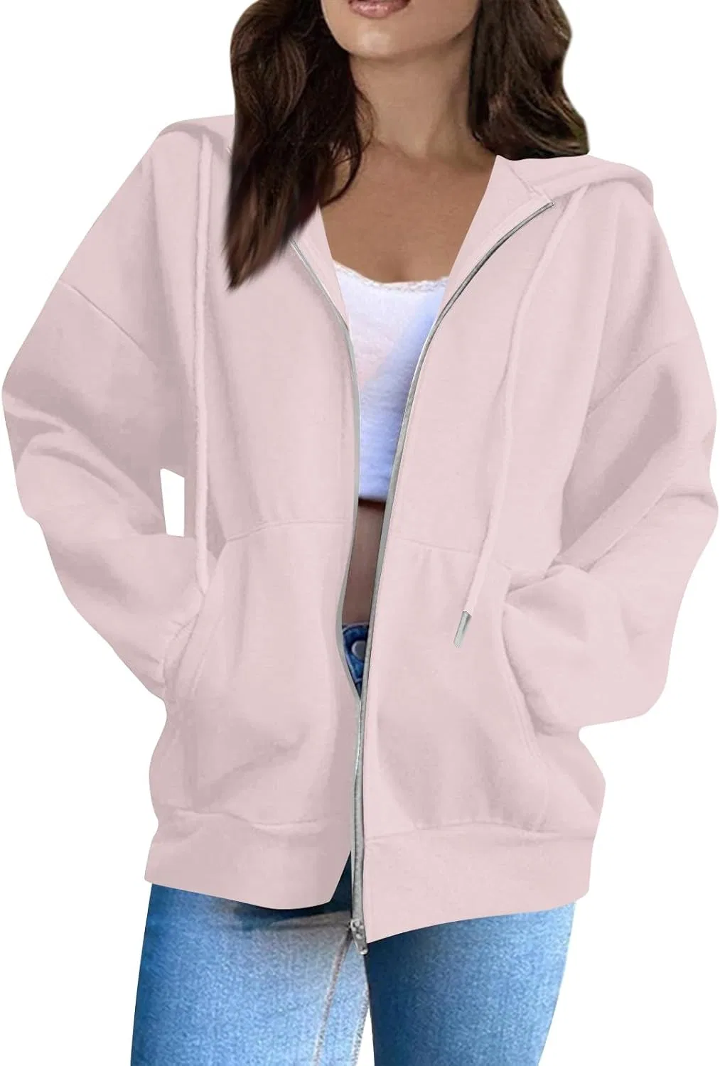 Женское худи на молнии оверсайз с капюшоном, S136-light Pink