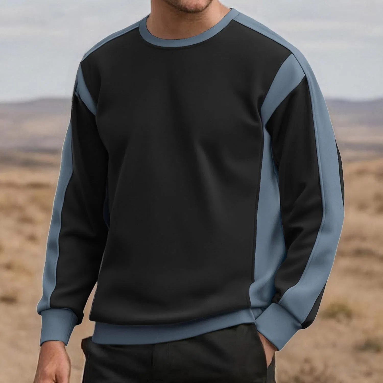 Мужская свободная футболка с длинным рукавом Patchwork, Black — фото 2