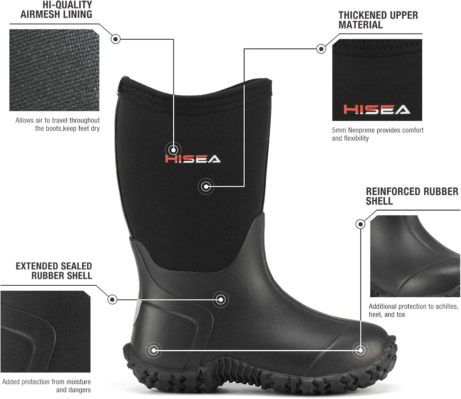 Детские резиновые сапоги для охоты с утеплителем HISEA, Black — фото 4