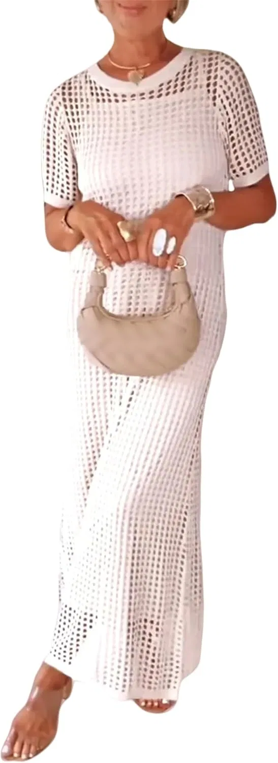 Женское платье-макси с принтом, Summer Round Neck Hollow Short Sleeve Two-Piece Vacation Resort Maxi Dress, белый