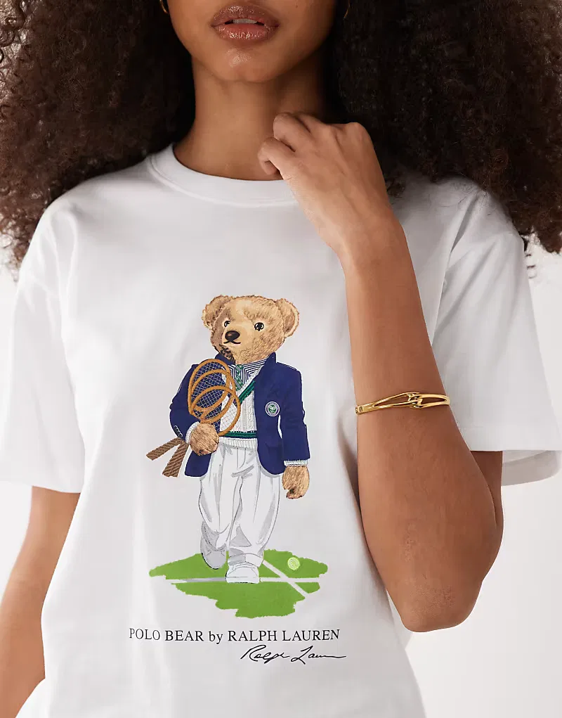 Классическая футболка Polo Ralph Lauren Wimbledon с принтом медведя, белый — фото 3