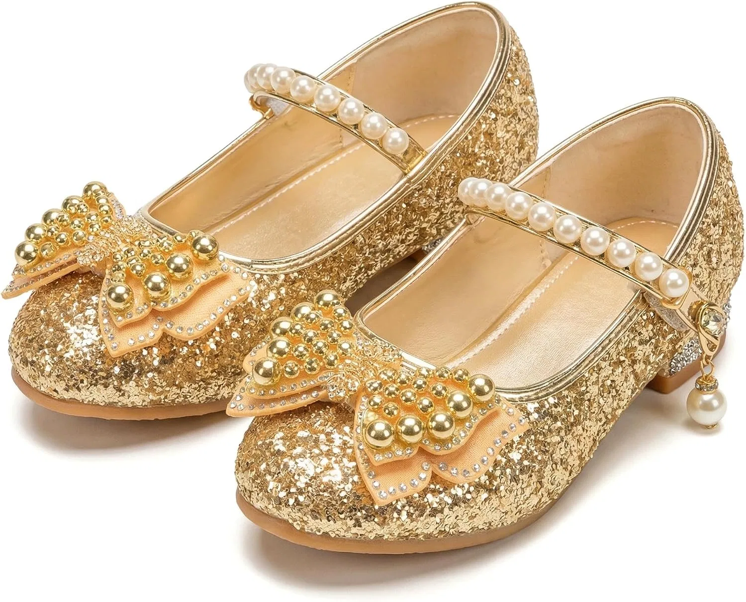 Детские туфли для девочек с принтом Mary Jane Low Heel Glitter Princess Flower Kocipeu, Gold