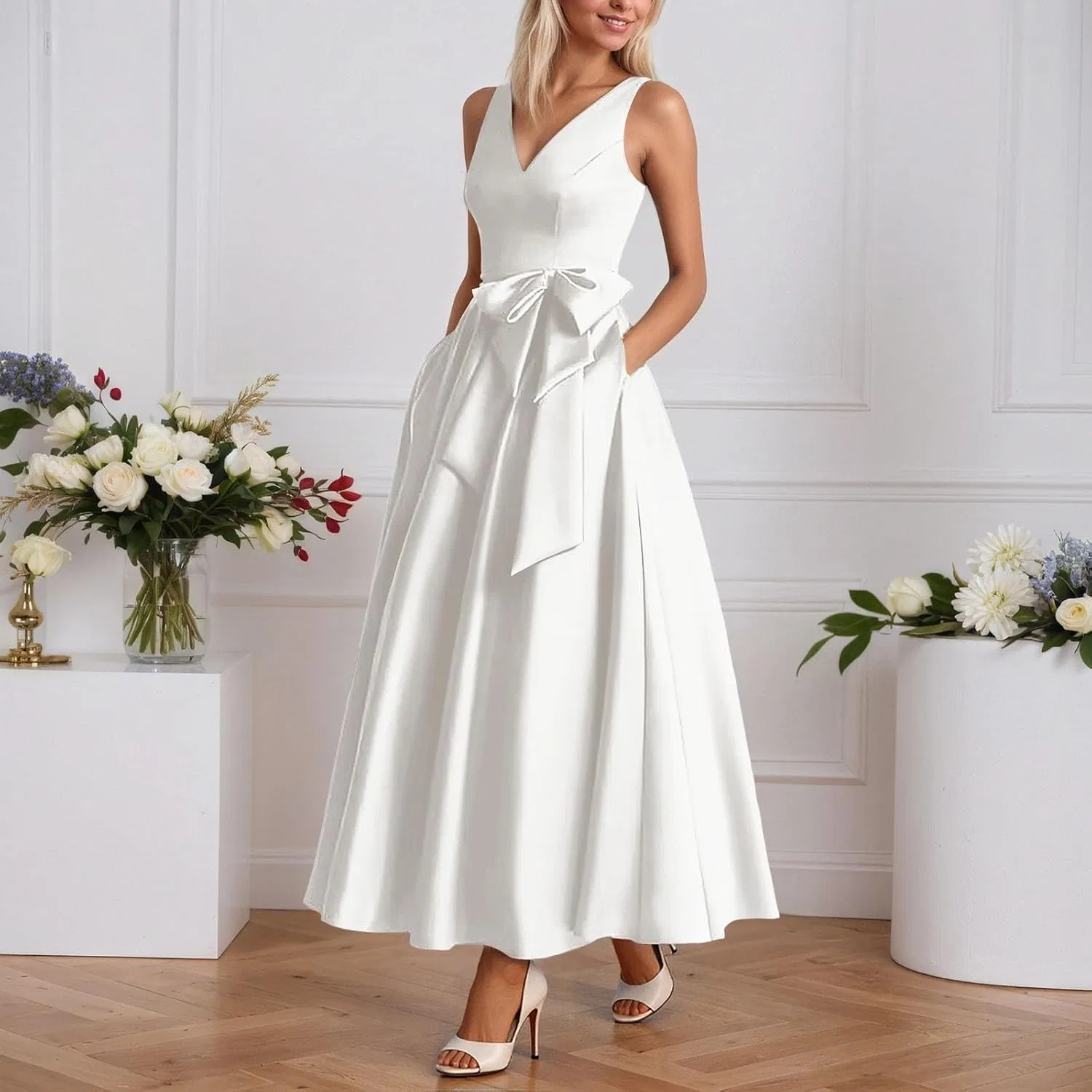 Женское элегантное A-силуэта платье с бантом Satin, Silver — фото 2