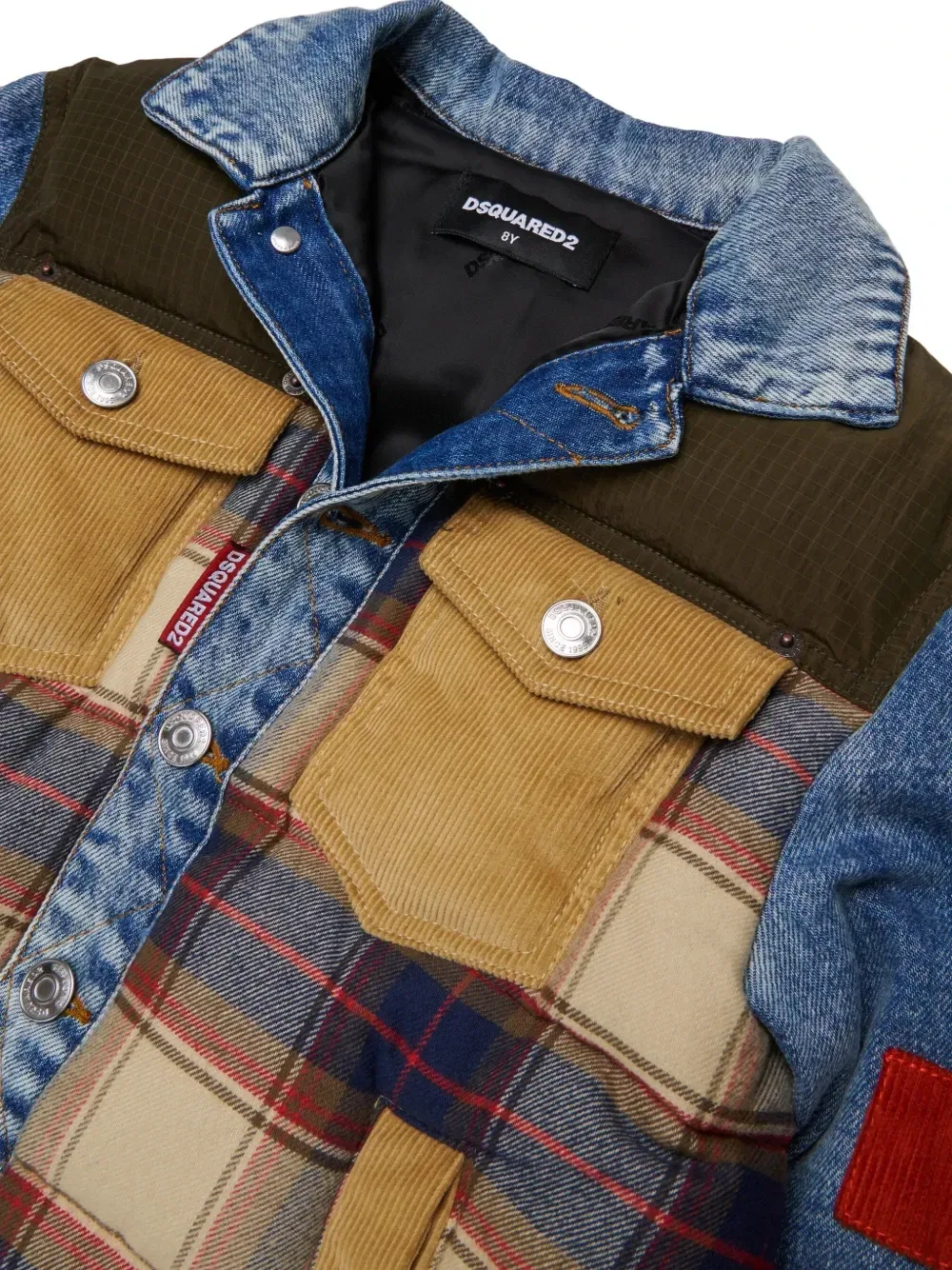 Клетчатая джинсовая куртка в технике пэчворк Dsquared2 Kids, синий — фото 3