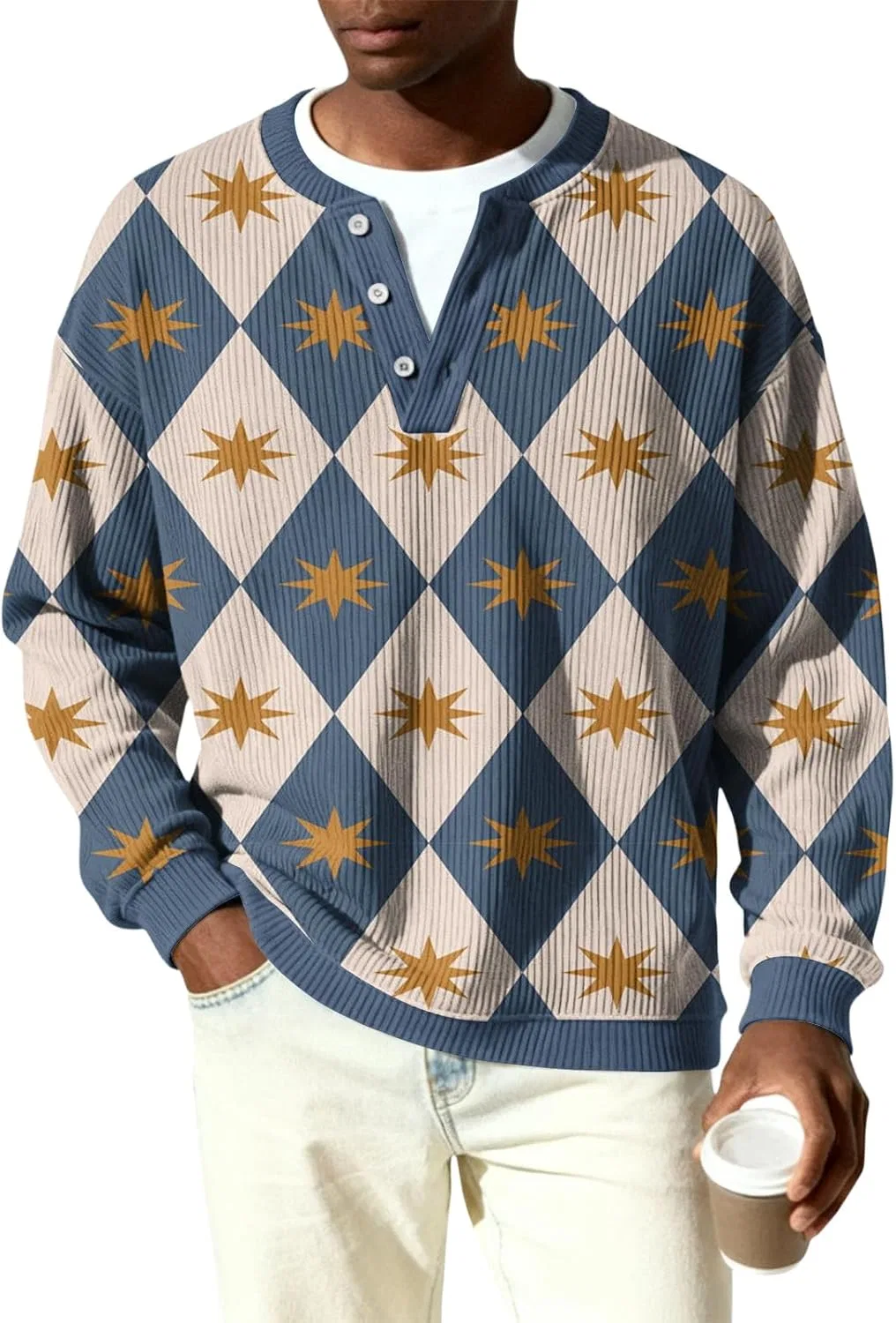 Мужская футболка с длинным рукавом, Ribbed Knit Henley, хаки — фото 2