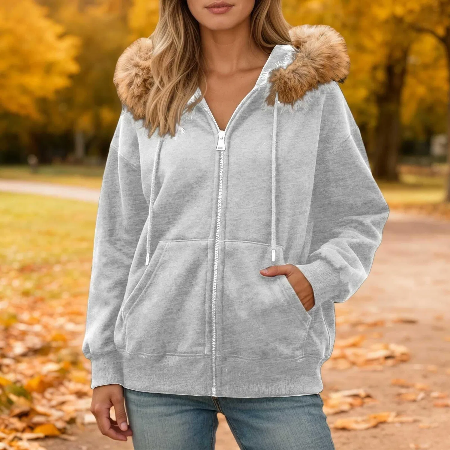 Женская куртка из искусственного меха с капюшоном и молнией Y2k, Z10 Grey — фото 2
