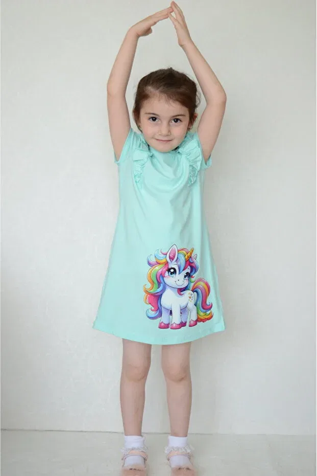 Детское платье для девочек с принтом Unicorn Printed Sevimli, Green — фото 2
