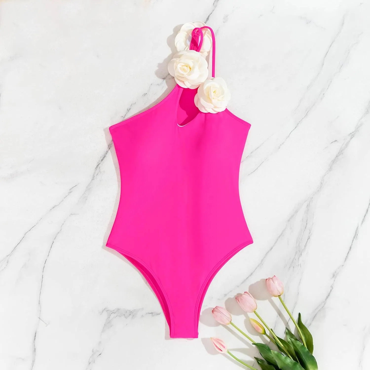 Женский слитный купальник с вырезами и 3D цветком One Shoulder, Hot Pink — фото 4