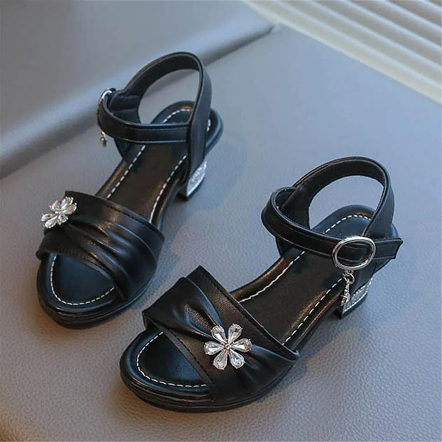 Детские туфли для девочек с принтом Rhinestone Flower Princess Party Heels, Black — фото 4