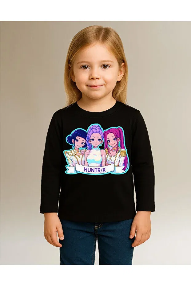 Детская футболка для девочек с принтом Kpop Demon Hunters Huntrix Long Sleeve Printed Girls' T-Shirt Mixxi Fashion, Black — фото 3