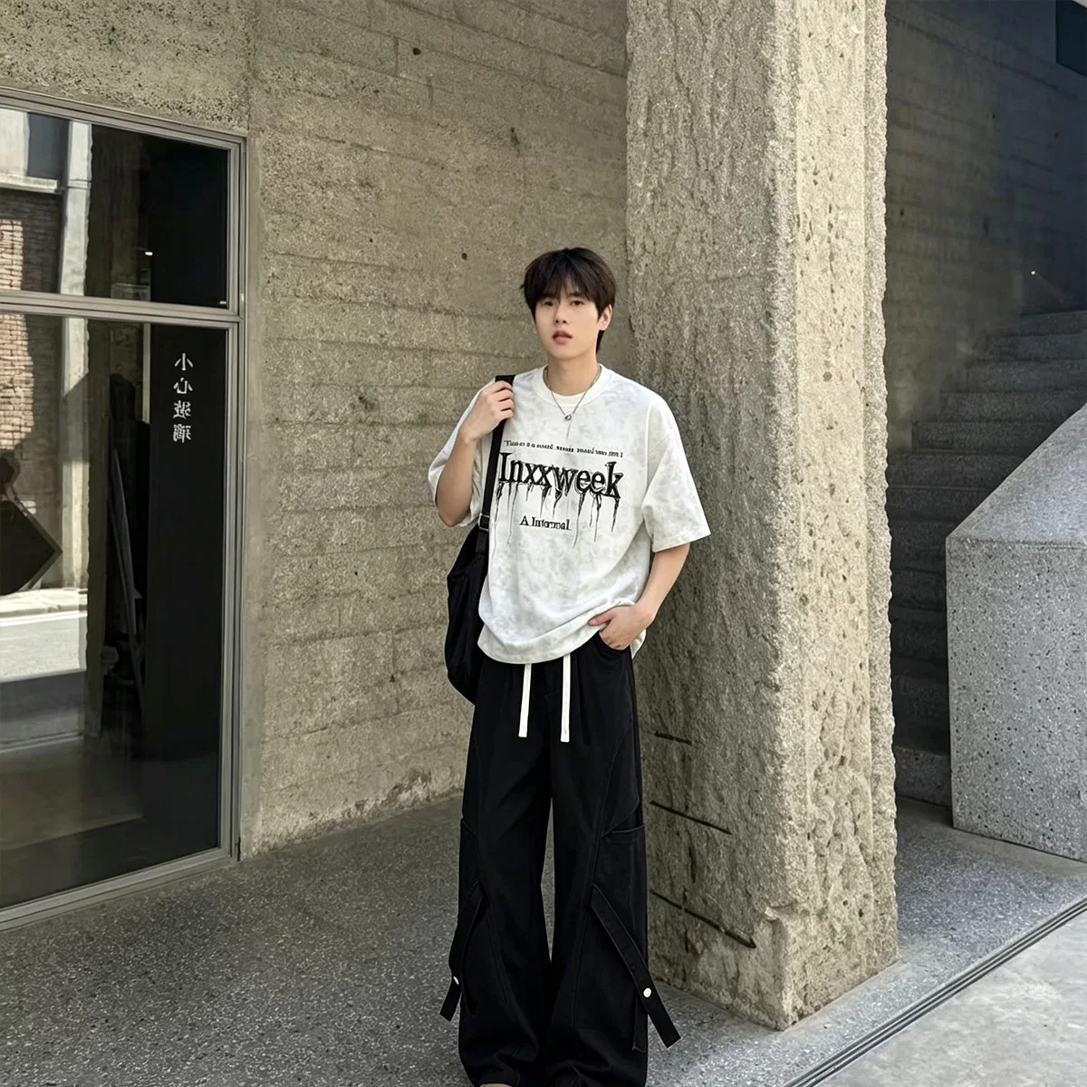 Детский спортивный комплект с коротким рукавом и джинсами, Casual Sportswear, GWAF, Black Tie-Dye/Black Workwear Jeans — фото 4