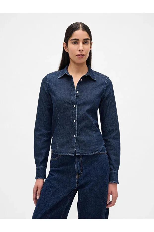 Женская приталенная джинсовая рубашка с длинным рукавом Gap, Dark Blue