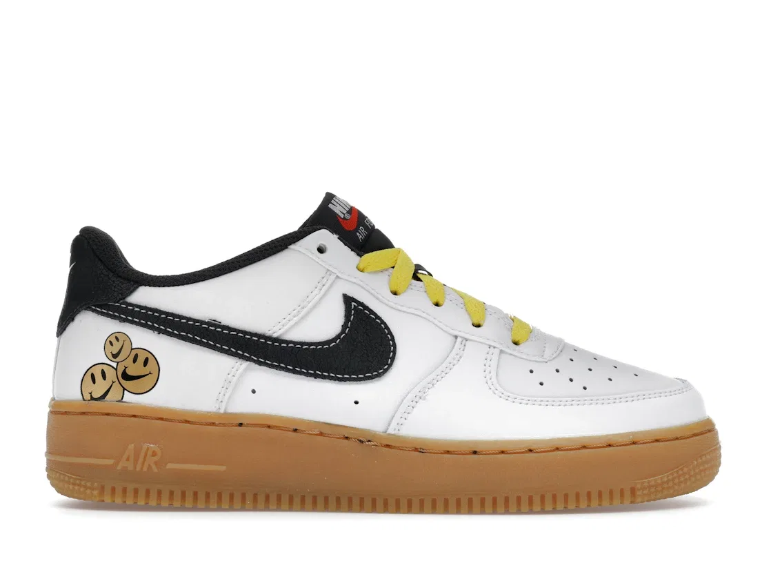 Детские кроссовки с принтом Nike Air Force 1 Low '07 LV8 Go The Extra The Smile (GS), White/Black/Tour Yellow/Gum Light Brown