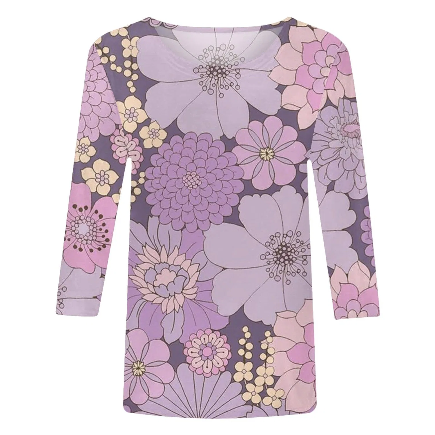 Женская майка с цветочным принтом Floral Print Round Neck Long Sleeve Lace Top, Violet-6 — фото 4