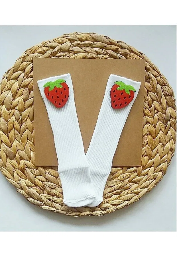 Детские носки для девочек с принтом Small Strawberry Felt Decorated Asa Bebek Çocuk, Off White
