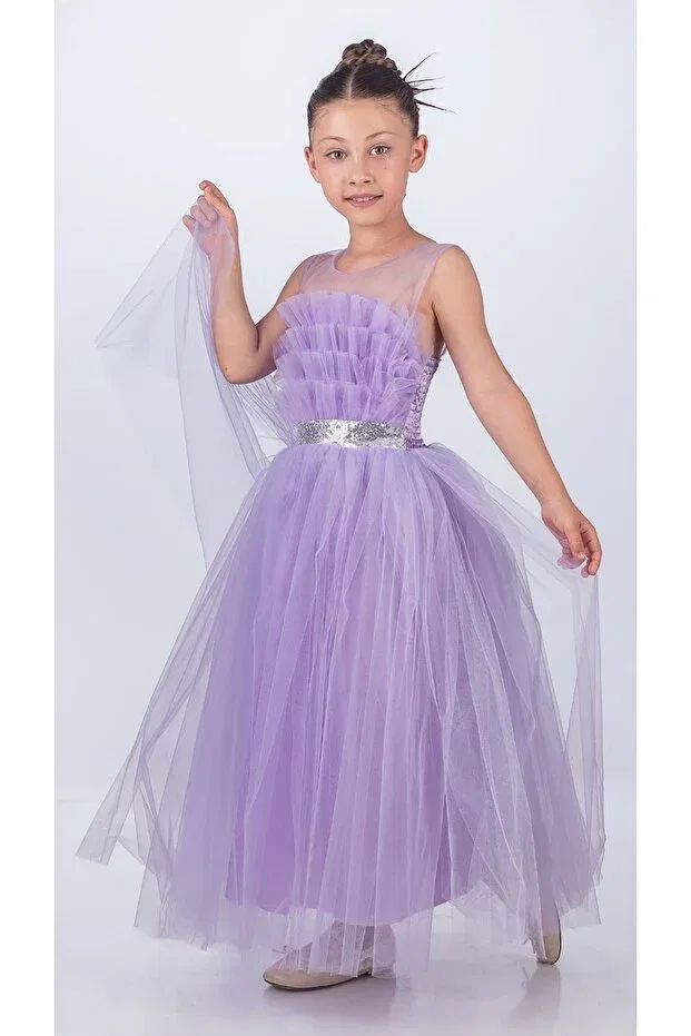 Детское платье для девочек без рукавов Sapes model back gipeli tulle girl's strap satin evening dress mnk0618 Mnk Baby&Kids, Lila — фото 2