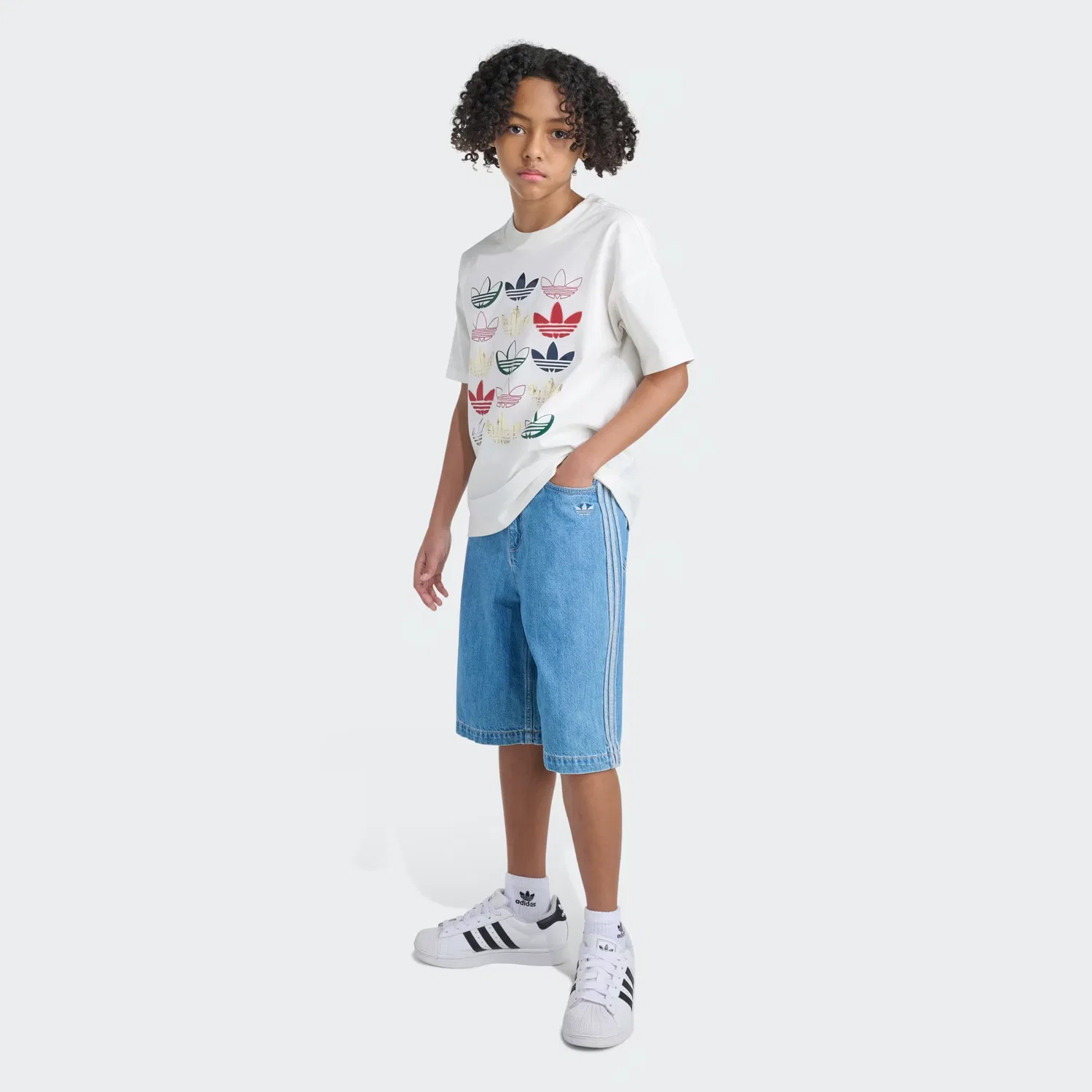 Детские джинсовые шорты свободного кроя Fixed Waistband Indigo Denim Jorts Adidas Originals, винтажный синий деним — фото 2