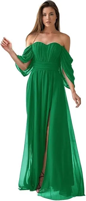 Женское вечернее платье с открытыми плечами и воланами Chiffon, Green