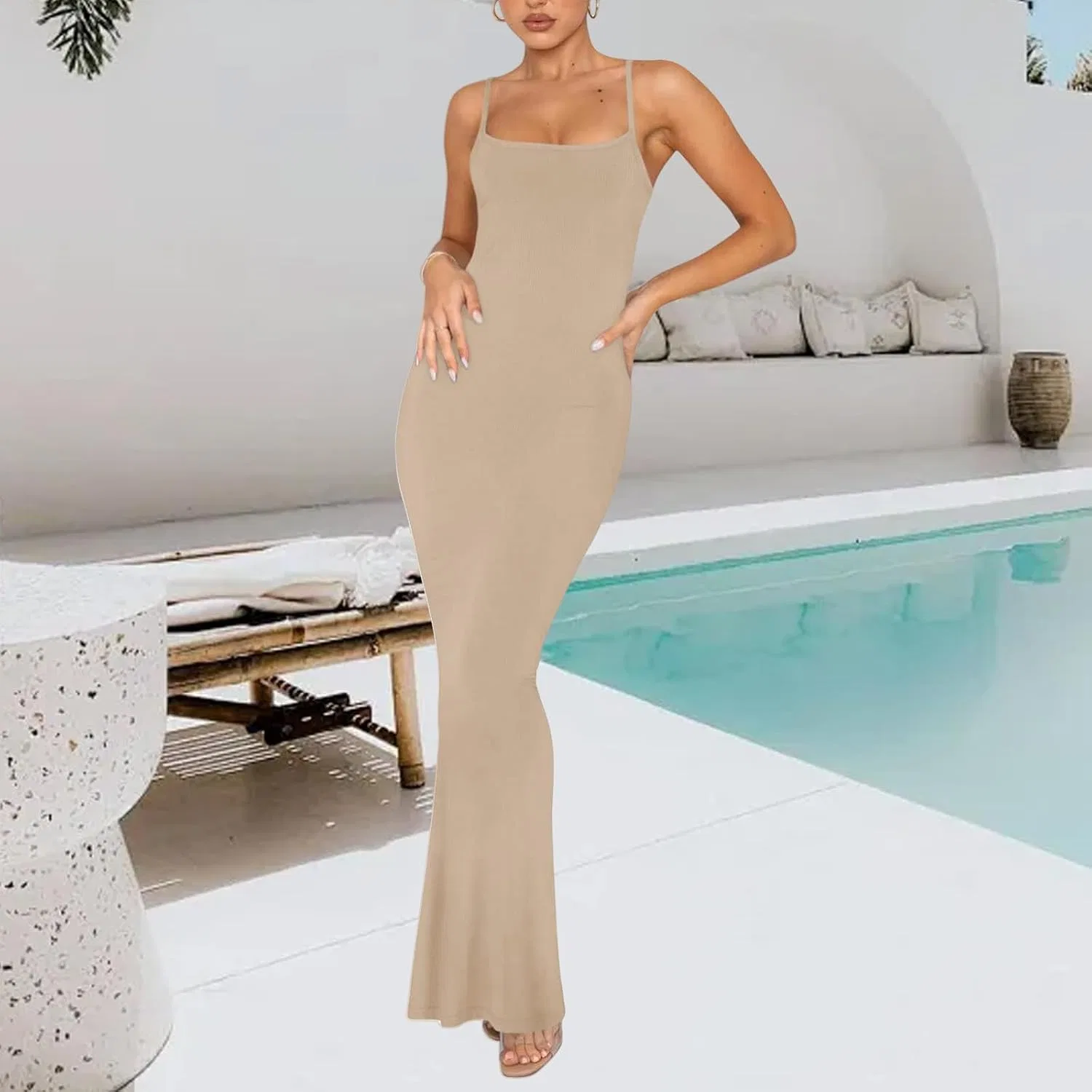 Женское длинное платье-комбинация без рукавов Bodycon, Khaki — фото 2