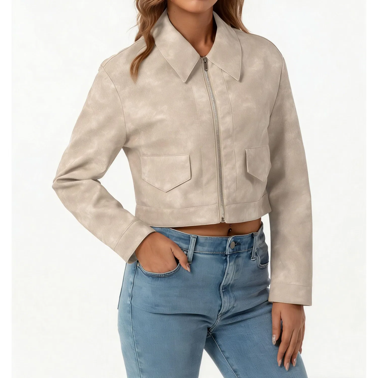Женская куртка-косуха из экокожи с короткой молнией, Beige — фото 2
