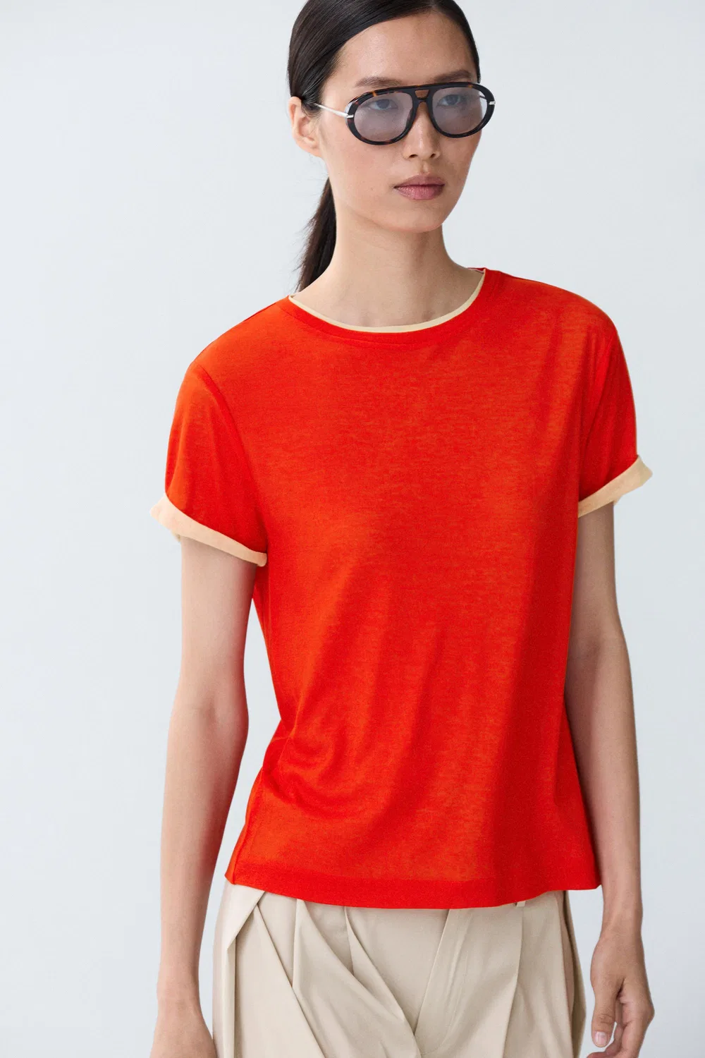 Футболка Massimo Dutti Double-Layer Short Sleeve, красный