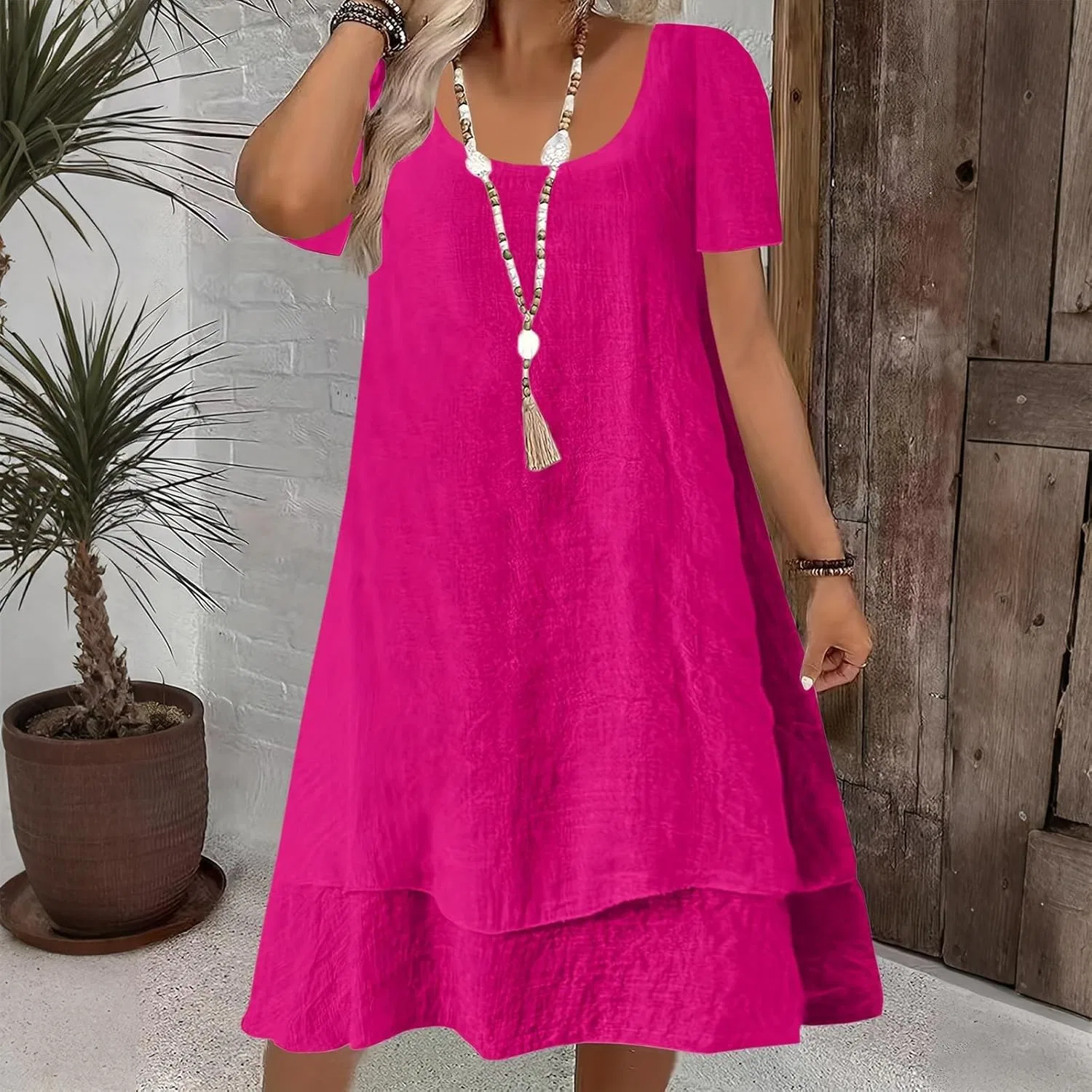 Женское летнее пляжное платье A-силуэта с круглым воротником, Hot Pink — фото 2