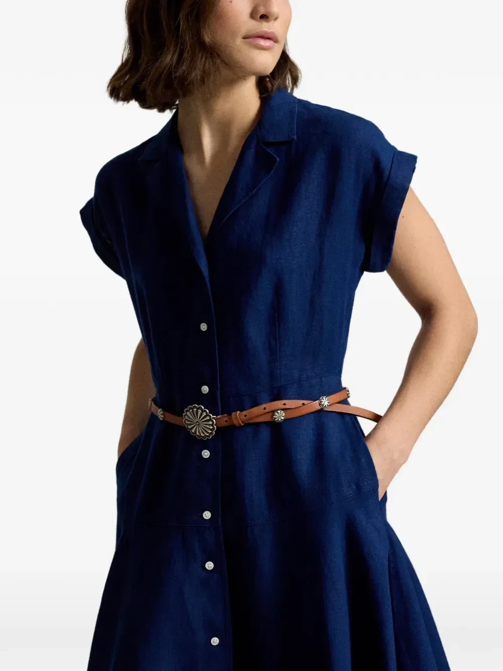 Льняное платье-рубашка миди А-силуэта Polo Ralph Lauren, синий — фото 4
