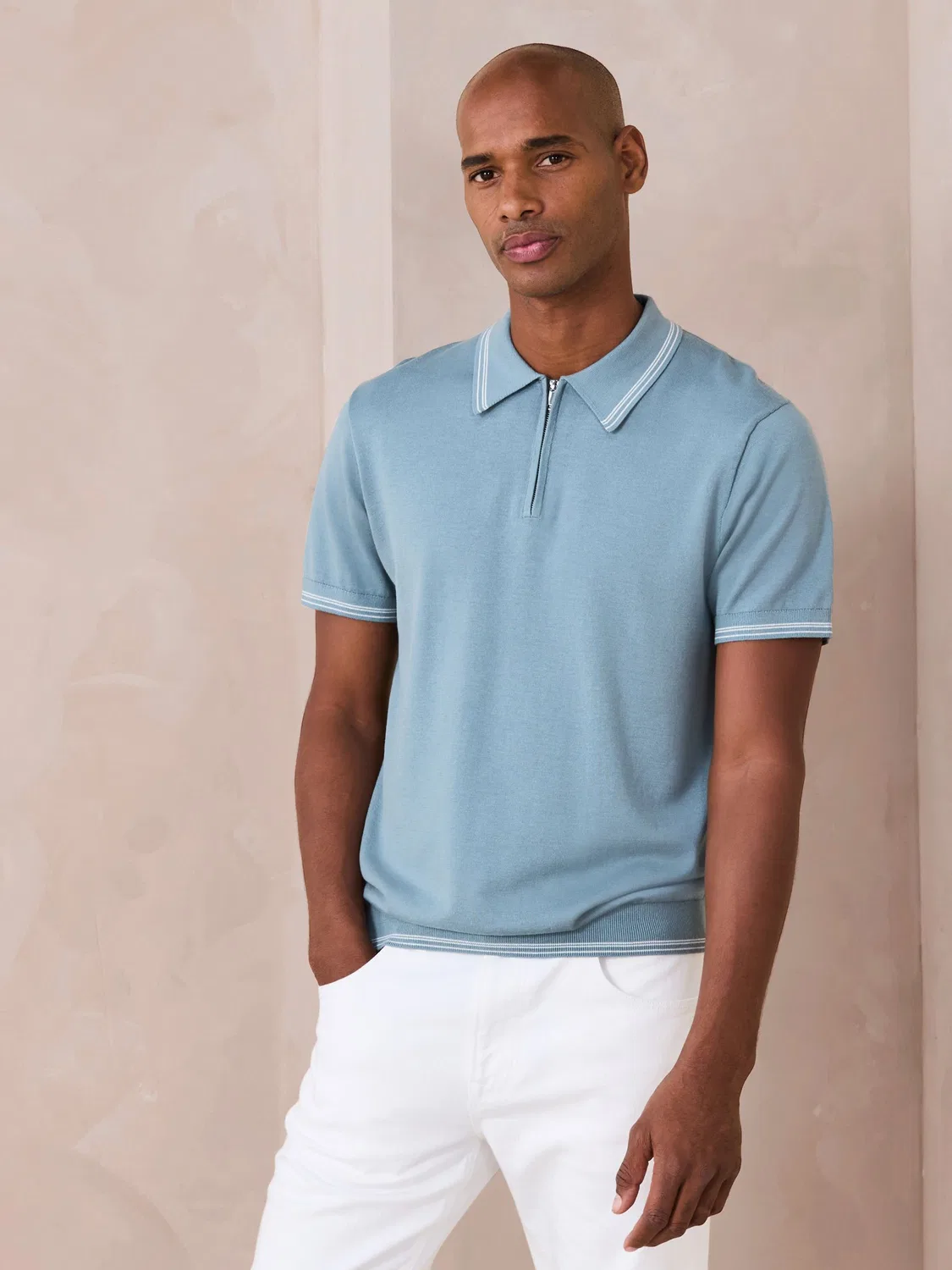 Поло Next N. Premium с четвертной молнией, Slim Fit, светло-голубое