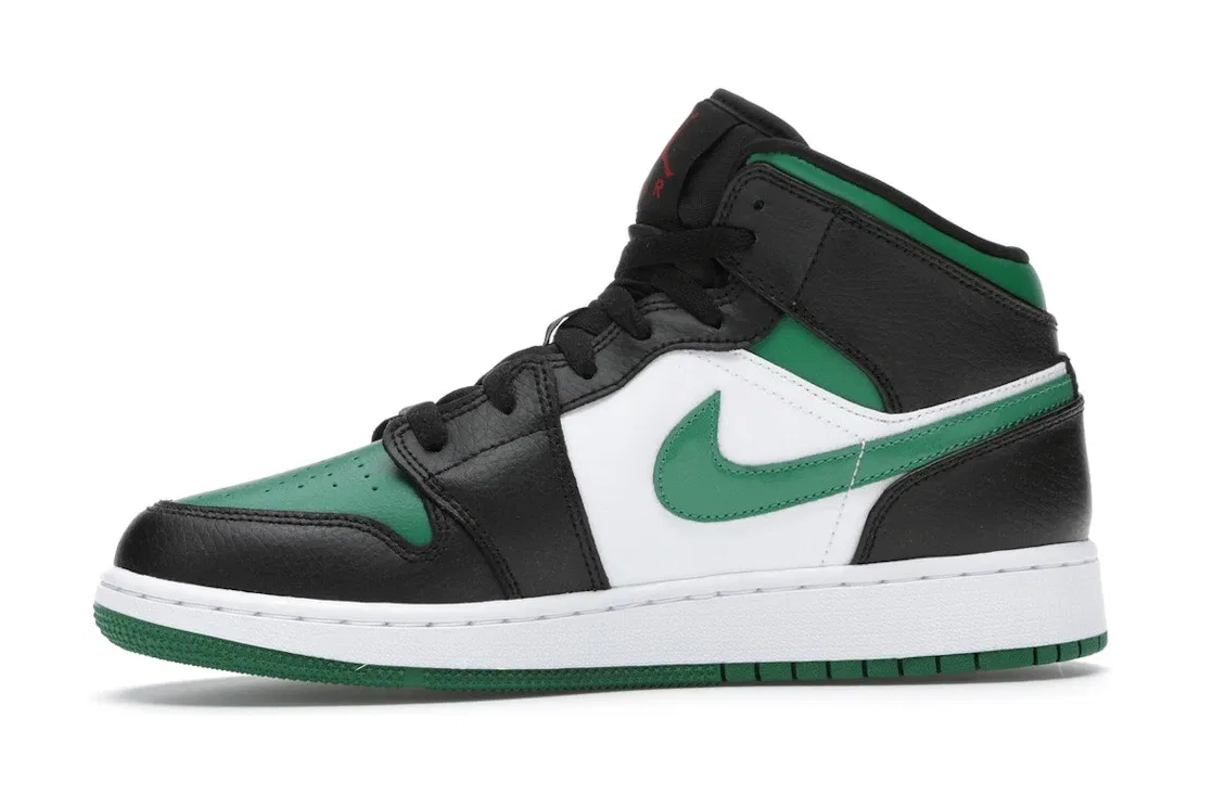 Детские кроссовки для мальчиков с кожаным верхом Jordan 1 Mid Jordan, Black/Pine Green-White-Gym Red — фото 3