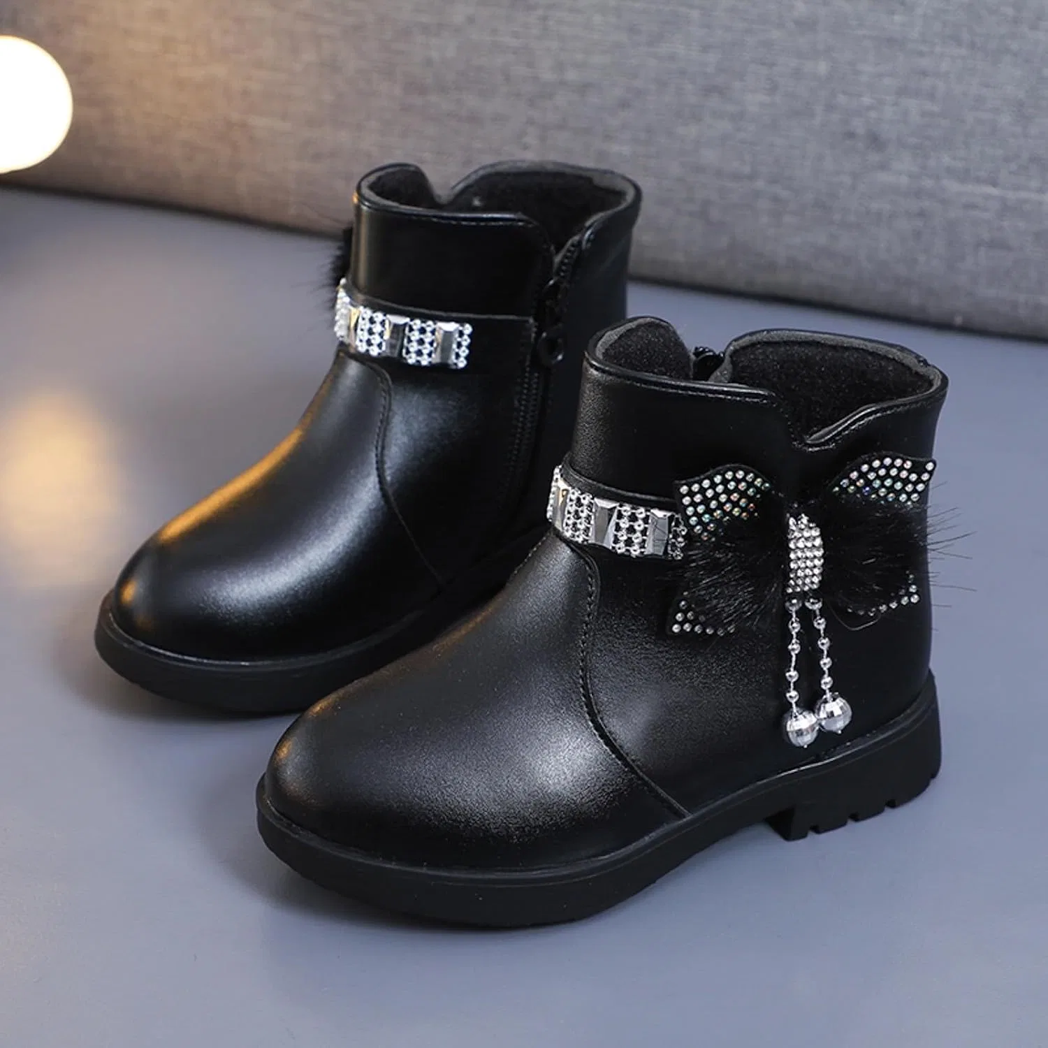 Детские зимние ботинки для девочек на молнии IWIHMIV, Black — фото 4