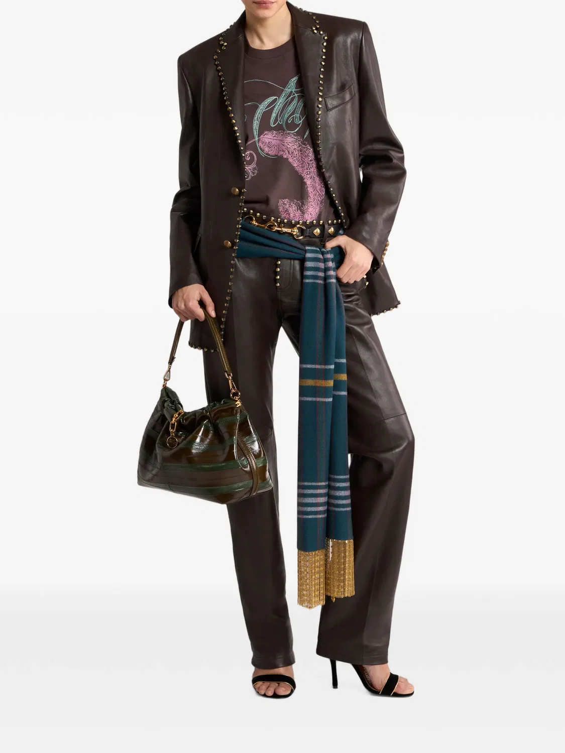 Кожаные брюки с заклепками Etro, коричневый — фото 2