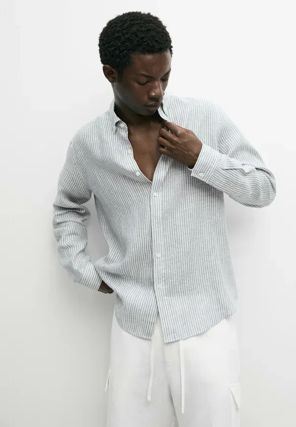 Рубашка из льна, Striped, Massimo Dutti, Light blue, светло-голубой