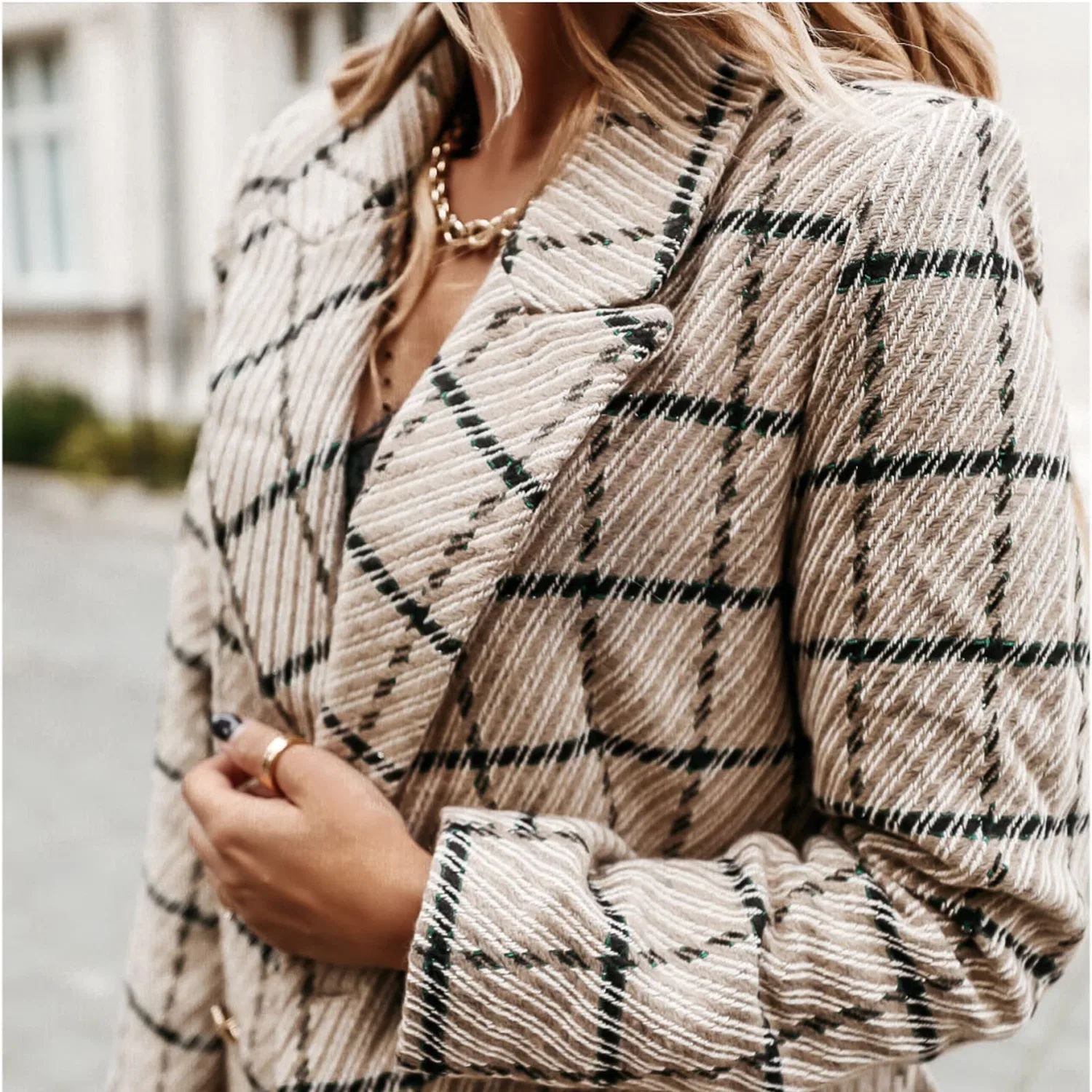 Женский двубортный пиджак в клетку с лацканами, модель Plaid Wool Jacket, Grey — фото 2