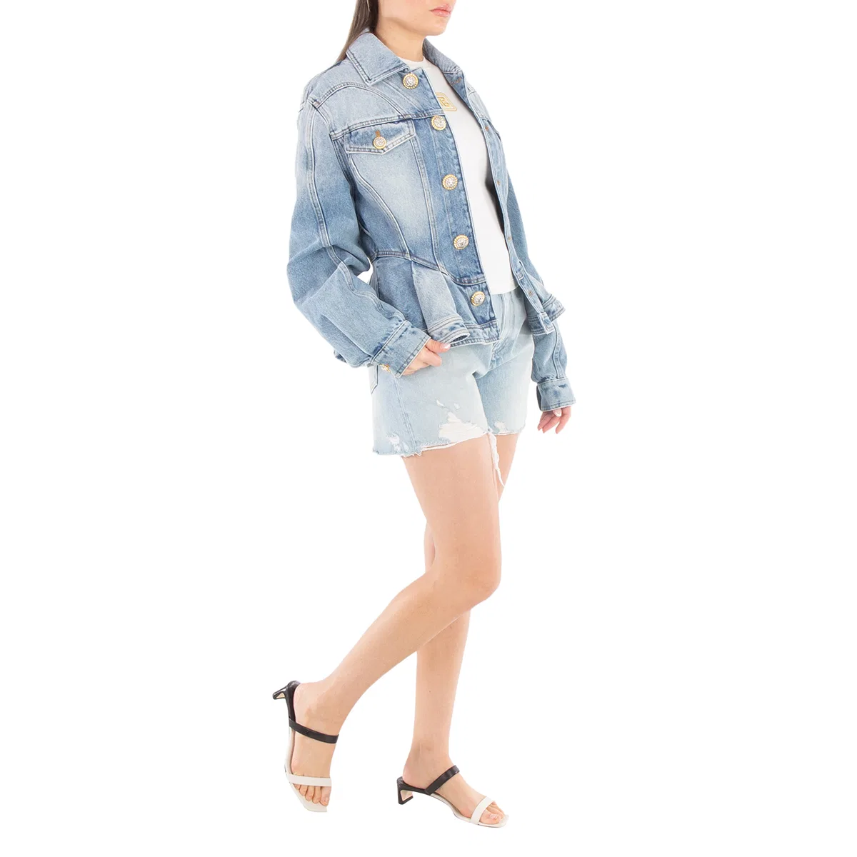 Шорты джинсовые с завышенной талией High-Rise Denim Shorts Balmain, Bleu Jean Clair — фото 3