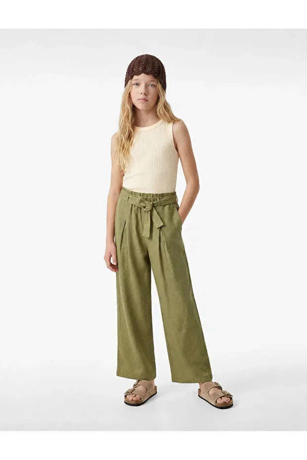 Детские брюки для девочек широкие Tie-Waist linen and viscose blend wide-leg trousers Koton, Green