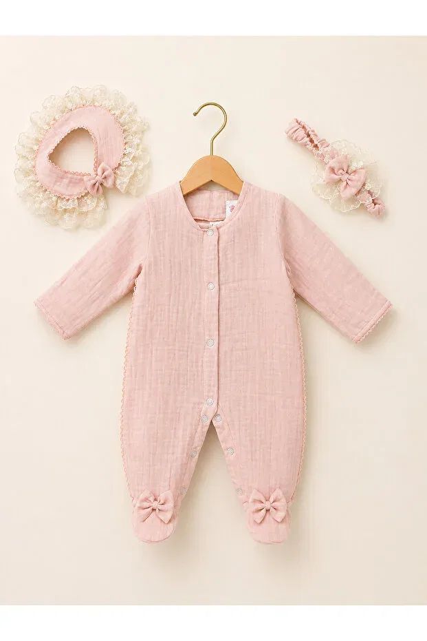Детский комбинезон для девочек с принтом Bow and lace detailed detachable collar Kardeşler Bebe, Powder — фото 2