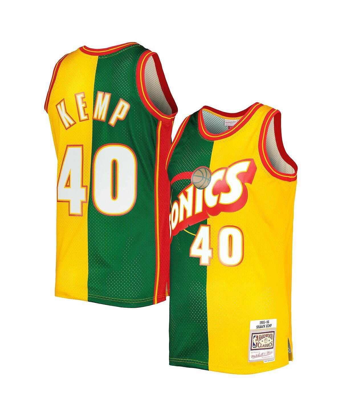 

Мужская футболка shawn kemp green, gold seattle supersonics hardwood classics 1995-96 split swingman jersey Mitchell & Ness, мульти