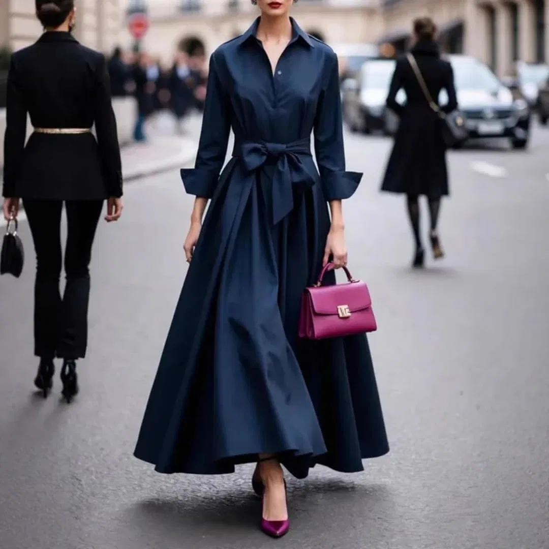 Женское повседневное платье A-силуэта с отложным воротником, Navy Blue — фото 2