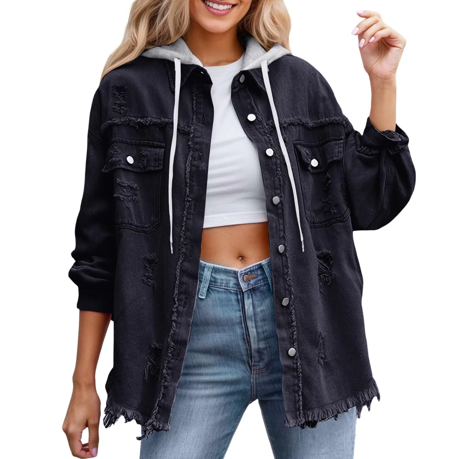 Женская джинсовая куртка oversize с капюшоном, Nero