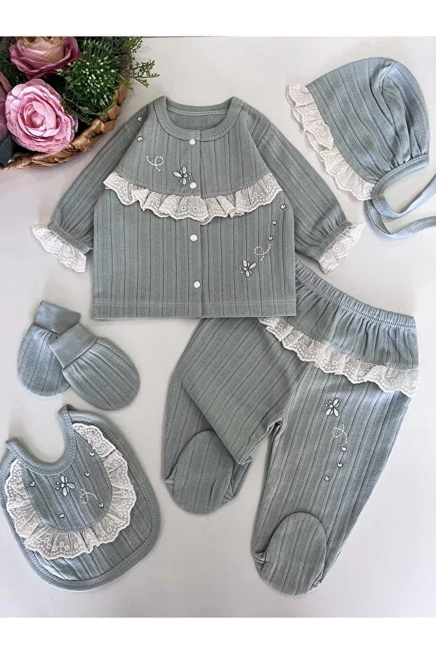 Детский комплект одежды для новорожденных хлопковый 5 предметов Panfilia, Green-Cream — фото 2