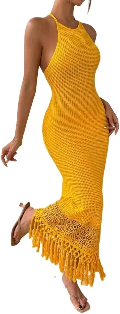 Женское длинное пляжное платье-макраме на бретелях, Yellow — фото 2