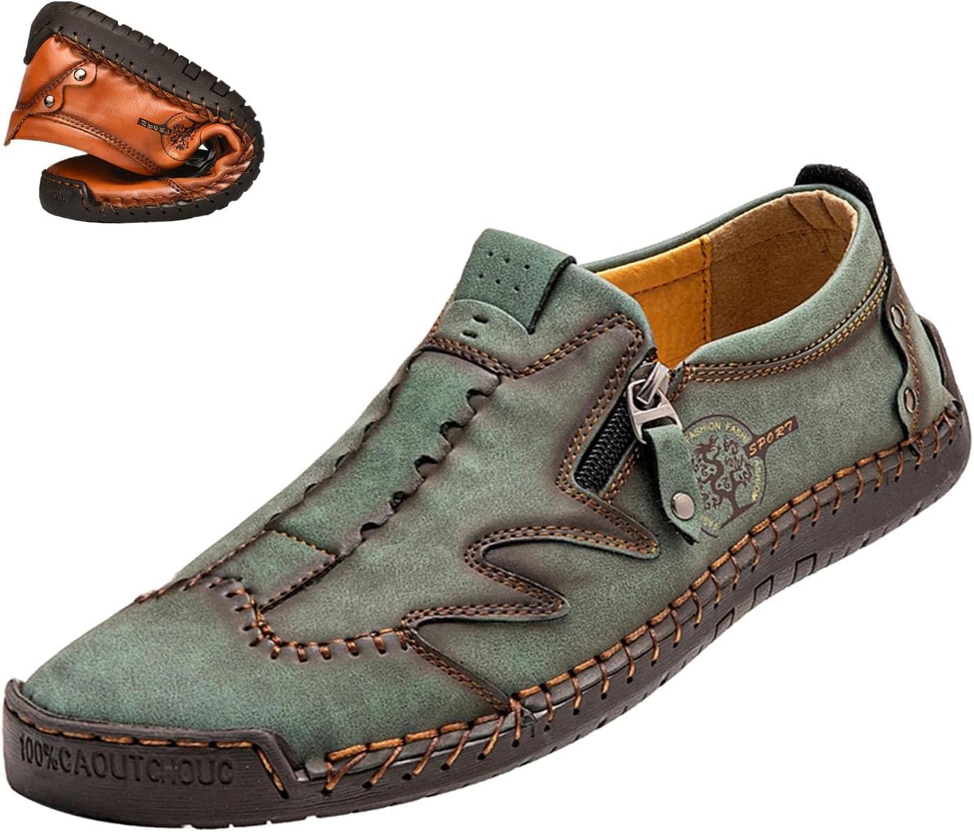 

Мужские слипоны-лоферы из кожи, повседневная обувь, легкие, удобные, винтажная ручная строчка, кроссовки и прогулок Moyowei, зеленый