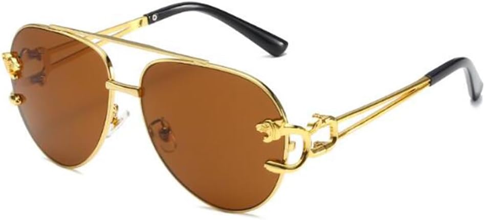 

Металлические солнцезащитные очки в крупной оправе с изображением головы леопарда, круглые очки-пилот, защита от солнца, линзы конфетных цветов SLCHJXS, Gold Frame Tea Flakes