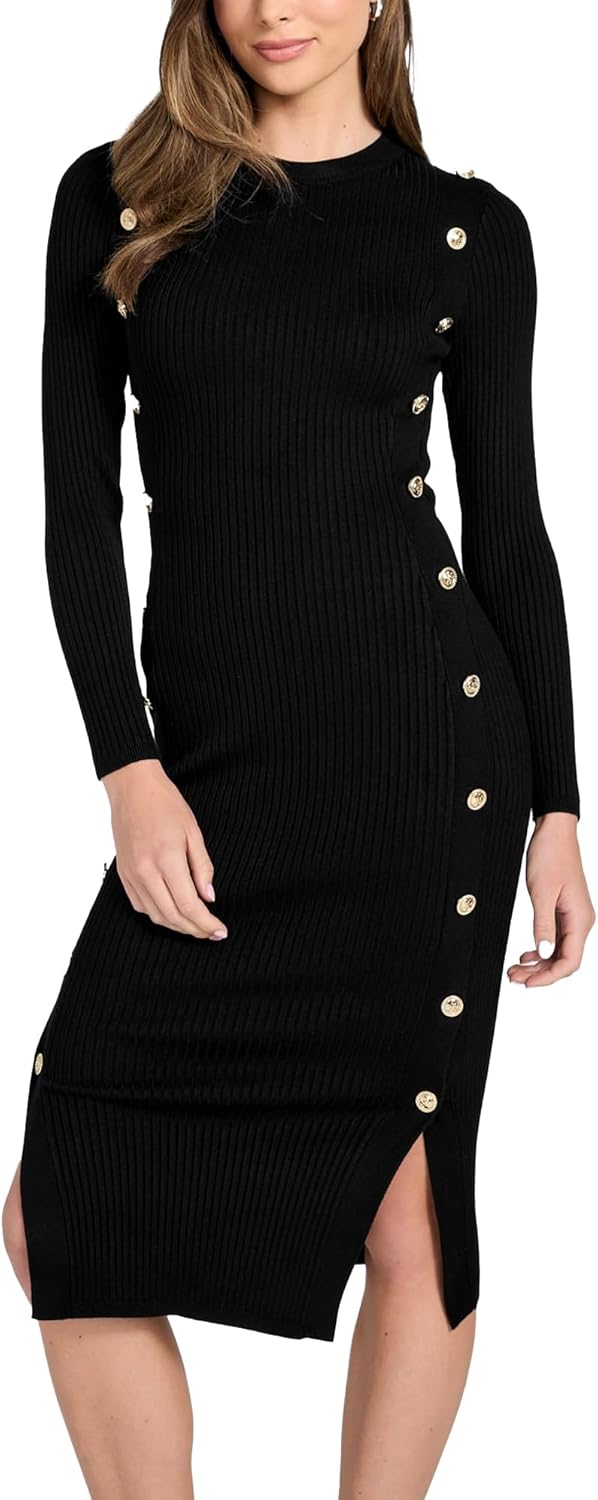 

Женское платье Guess Eco с длинными рукавами, ребристым логотипом и пуговицами Vonn, Jet Black