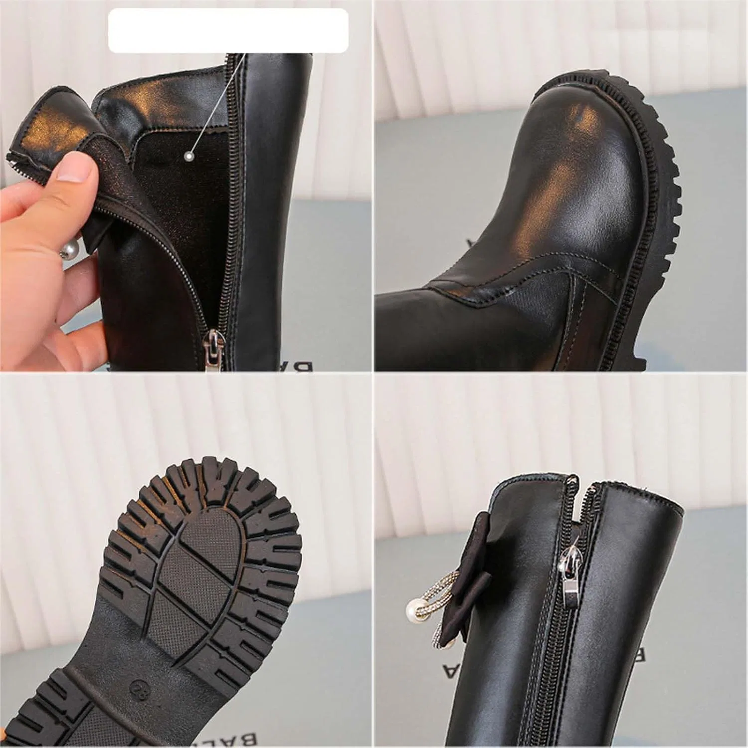 Детские сапоги для девочек с принтом банта, модель Girls Leather Knee High Boots, Black — фото 2