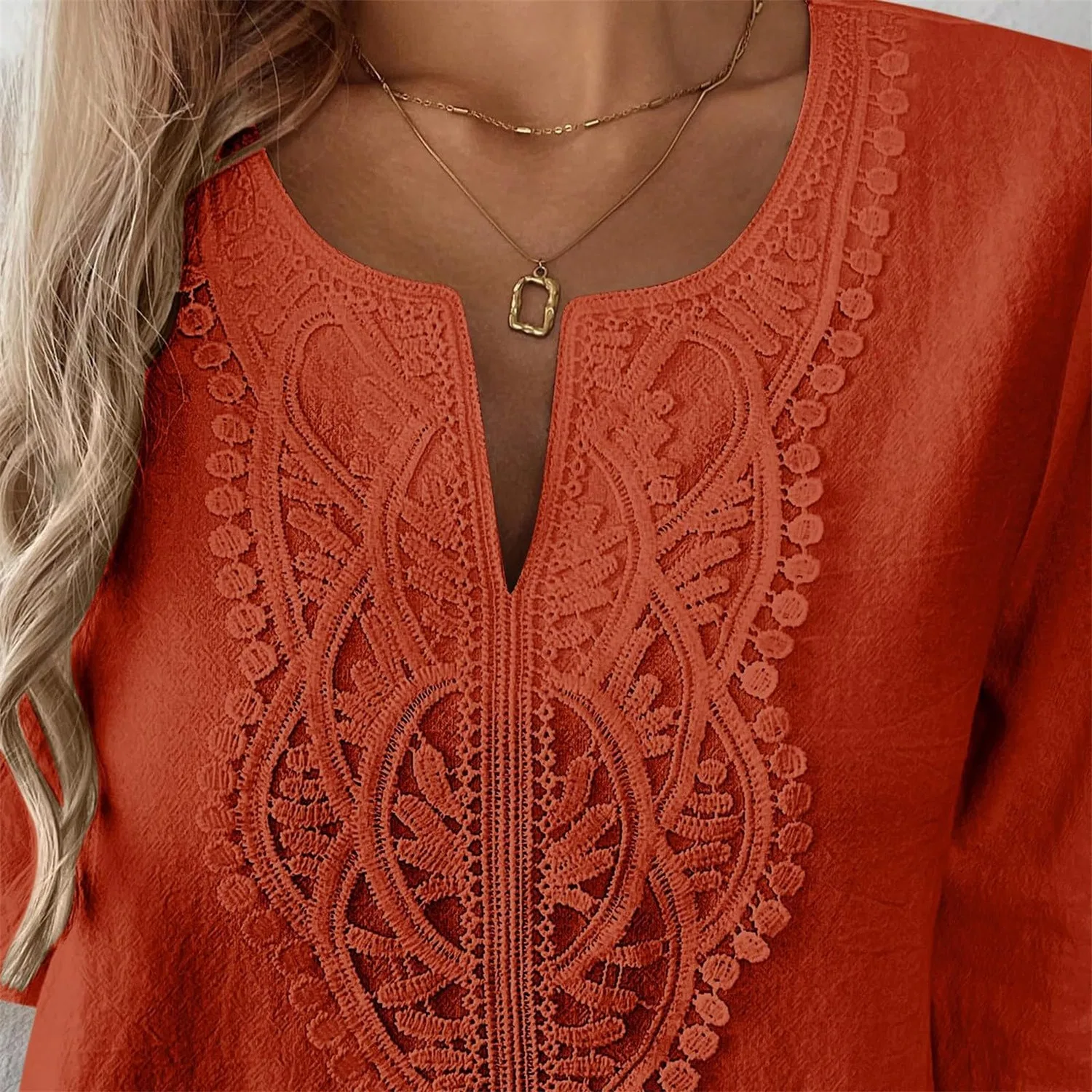 Женская льняная туника с вышивкой Retro 3/4 Sleeve Boho Casual Loose Fit Lightweight Summer Beach Blouse, D-brick Red — фото 4