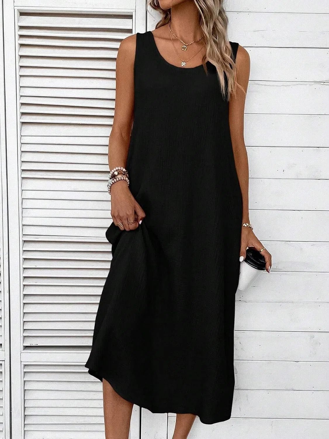 Женское свободное платье без рукавов Casual, Black — фото 4
