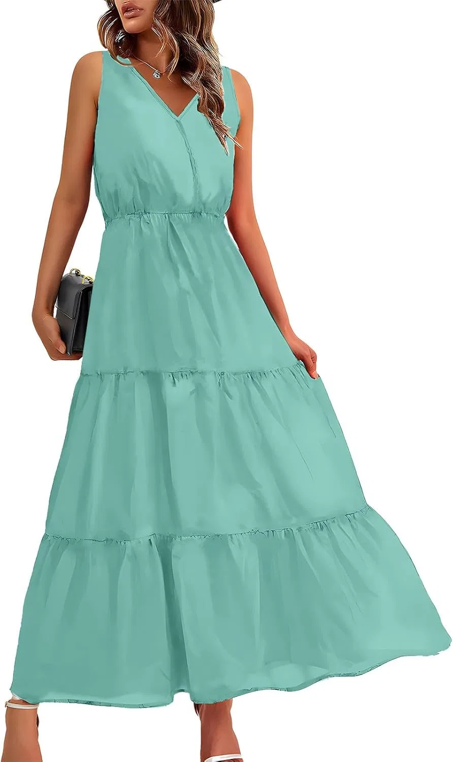 Женское повседневное платье макси с V-образным вырезом, Mint Green